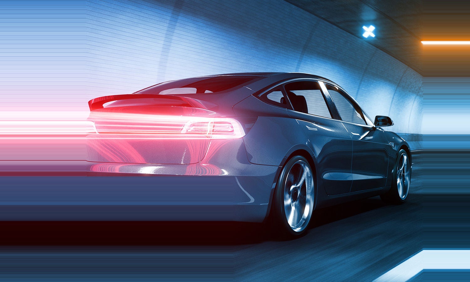 A futuristic car moves through a tunnel, The edge of the car’s taillights stretch beyond the frame.
