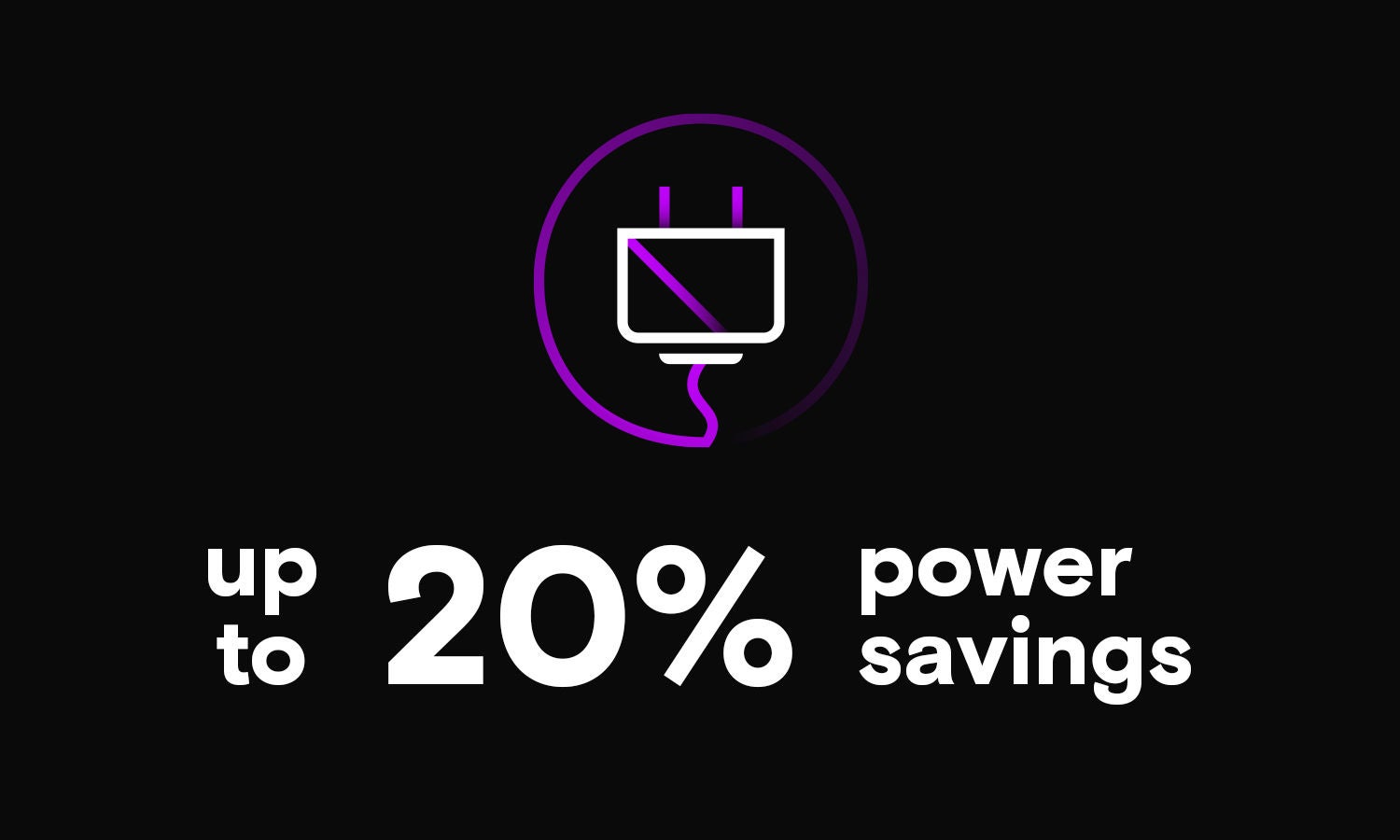 A white and purple icon of a power plug with text saying 20% lower